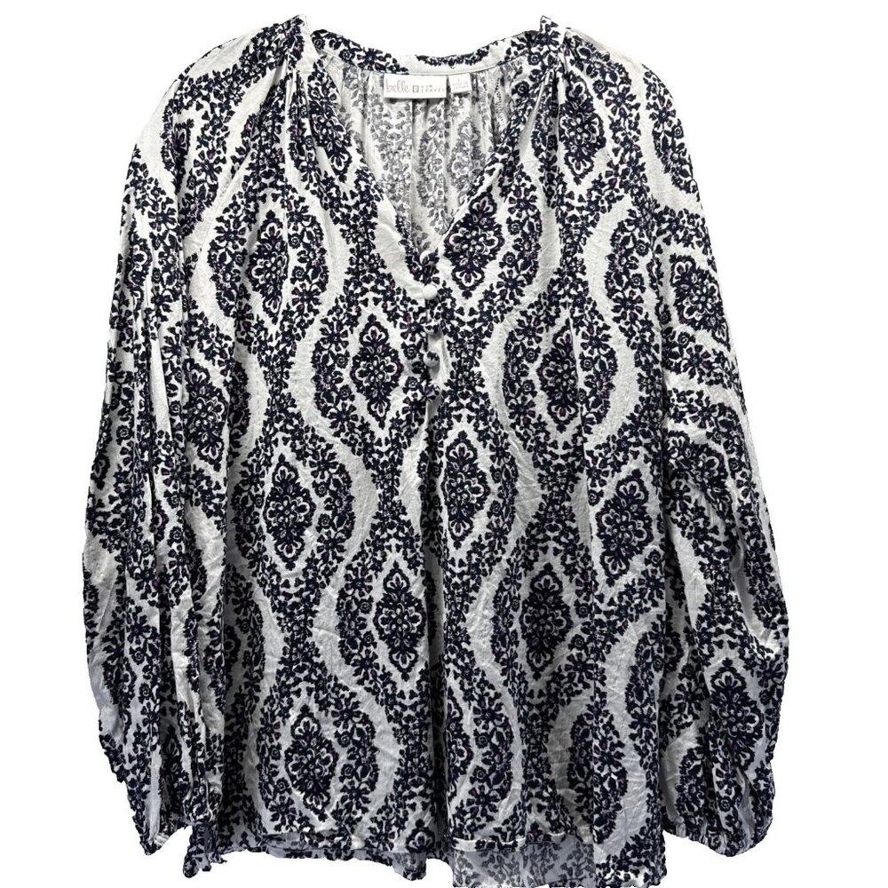 Belle by Kim Gravel Women's‎ Top Sz Medium Pink Blue White Long Sleeve Popover